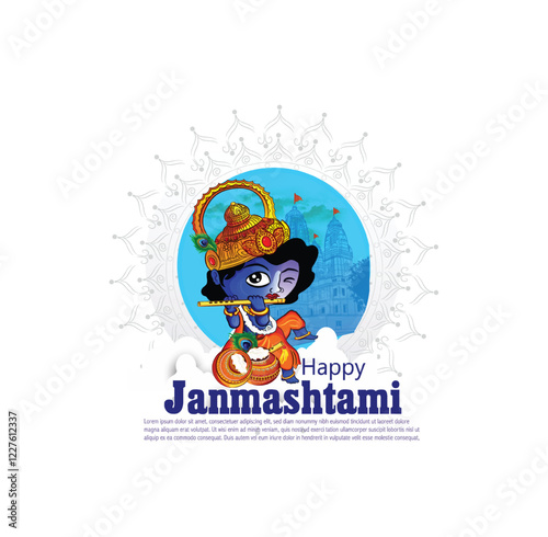 Illustration of happy Janmashtami Lord Krishna in Janmashtami festival of India with hindi calligra.