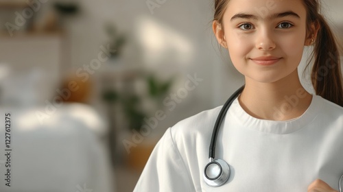 Young girl in white medical coat, listening with stethoscope, representing childhood aspiration of becoming healthcare professional in home environment photo