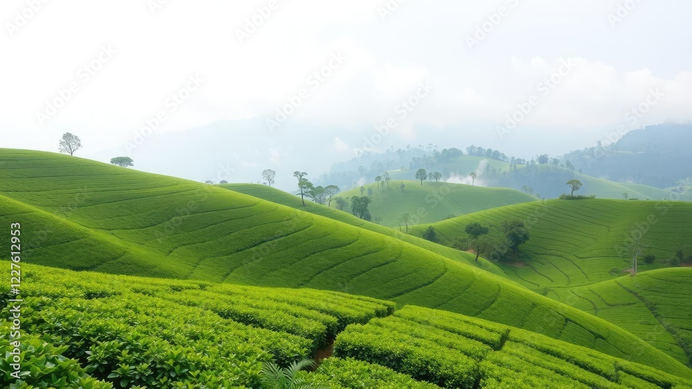 Rolling green hills of tea plantations with misty mountains in the background, green countryside, rolling hills, munnar hills Rolling green hills of tea plantations with misty mountains in the background, green countryside, rolling hills, munnar hills