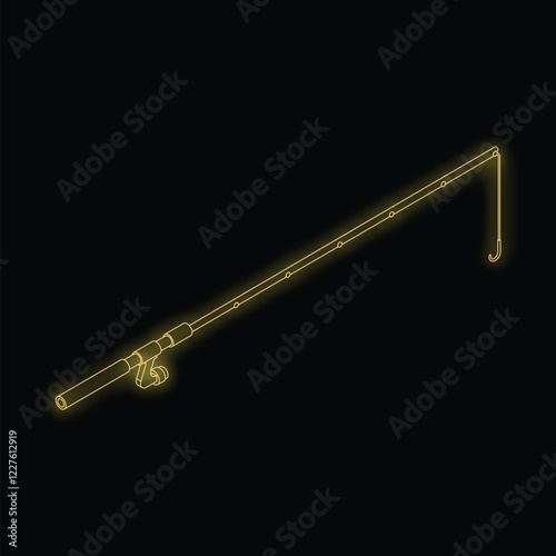 Neon gold fishing rod isometric view on black background, perfect for fishing or outdoor activities concepts