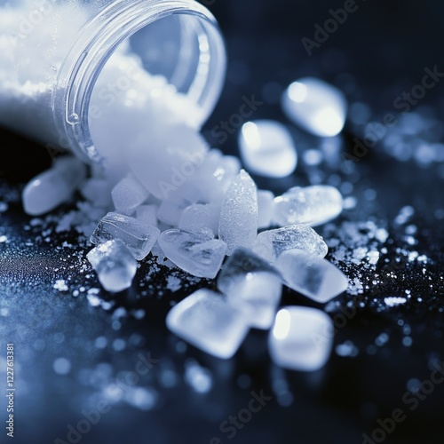 Close up of spilled ice and drug paraphernalia with dramatic shadows creating a somber mood suitable for addiction awareness campaigns