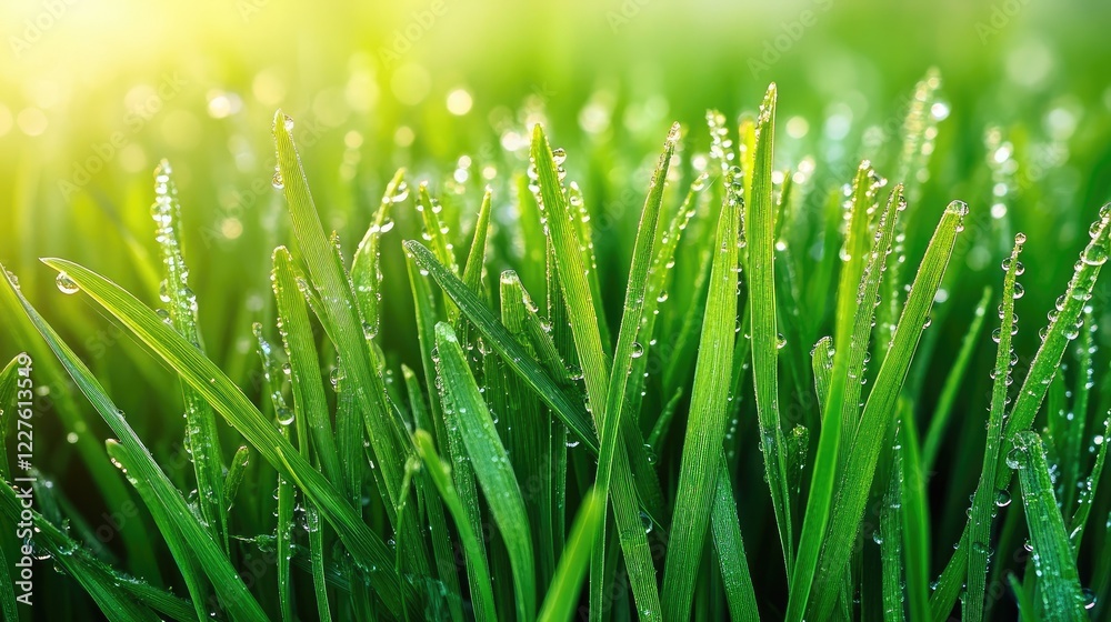 Obraz premium Macro Photography of Dew Drops on Lush Green Grass Blades with Blurred Background Capture of Freshness and Natural Beauty in Spring