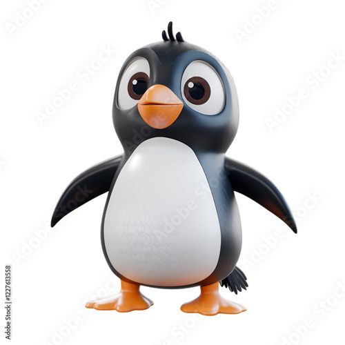 3D cartoon penguin in black and white with a cute orange beak, standing with a quirky, cheerful pose, isolated on transparent background