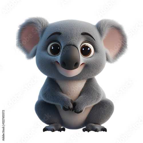 3D cartoon koala with grey fur, round ears, and a relaxed demeanor, perfect for adding charm and playfulness to designs, isolated on transparent background