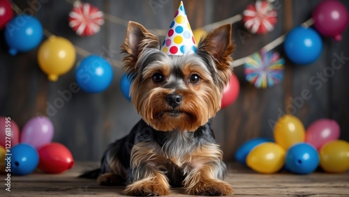 Festive yorkshire terrier birthday party capturing joyful home moments in pet photography photo