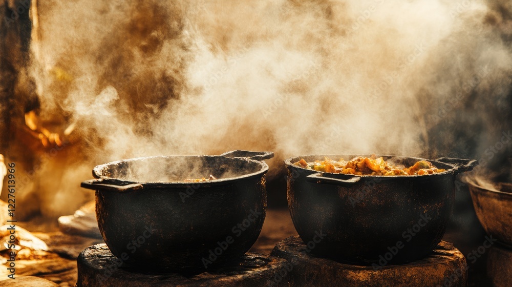 Traditional cooking of cassava in large iron pots with steam rising, showcasing cultural culinary practices and empty space for text placement Traditional cooking of cassava in large iron pots with steam rising, showcasing cultural culinary practices and empty space for text placement