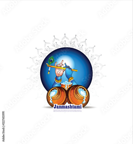 Illustration of happy Janmashtami Lord Krishna in Janmashtami festival of India with hindi calligra.