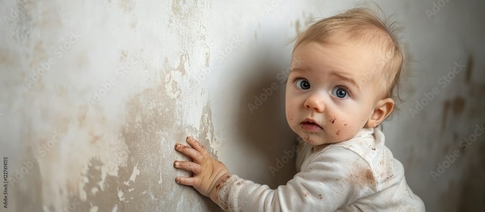 Fototapeta premium Caucasian baby with dirty clothes leaning against a stained wall in a setting evoking a sense of neglect and innocence vulnerability