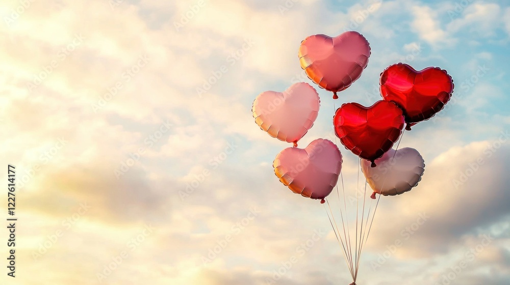 Fototapeta premium Heart-Shaped Balloons Floating in a Calm Sky During Sunset