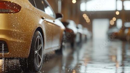 Obraz na płótnie Golden car receiving automatic wash, water droplets cascading on surface, blurred vehicles queuing behind, showcasing clean automotive maintenance in modern setting w salonie