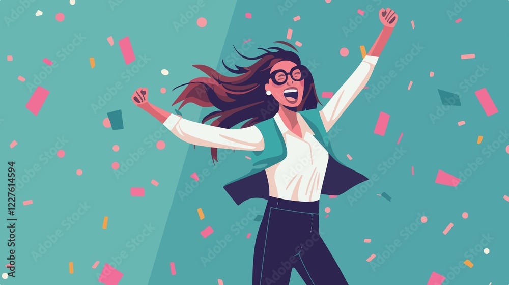 Elegant Businesswoman Celebrating Success Flat Vector Illustration