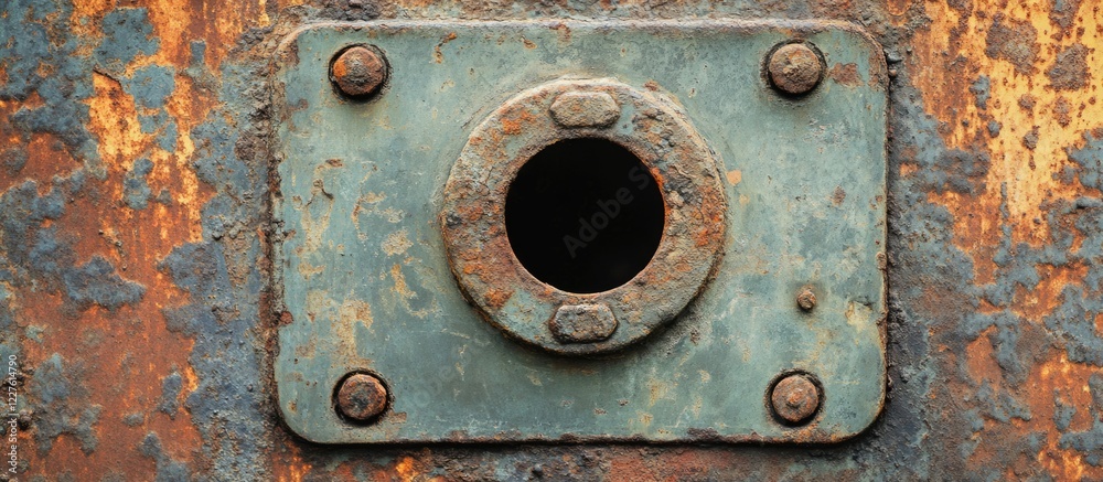 Aged Rusty Metal Plate with Round Hole and Text Space Ideal for Industrial or Vintage Background Use Aged Rusty Metal Plate with Round Hole and Text Space Ideal for Industrial or Vintage Background Use