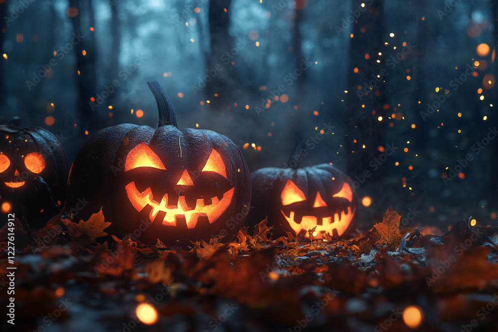 Glowing Jack-o'-Lanterns in a Spooky Forest Under Full Moon with Flying Bats and Autumn Leaves Creating an Eerie Halloween Night Atmosphere Glowing Jack-o'-Lanterns in a Spooky Forest Under Full Moon with Flying Bats and Autumn Leaves Creating an Eerie Halloween Night Atmosphere