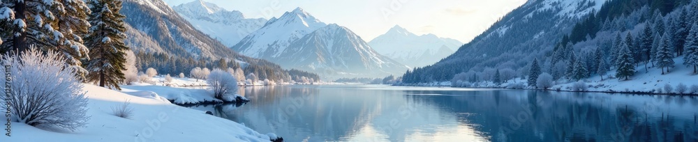 Frosty morn on a still mountain river with snow-capped peaks in the distance, frost, mountains Frosty morn on a still mountain river with snow-capped peaks in the distance, frost, mountains