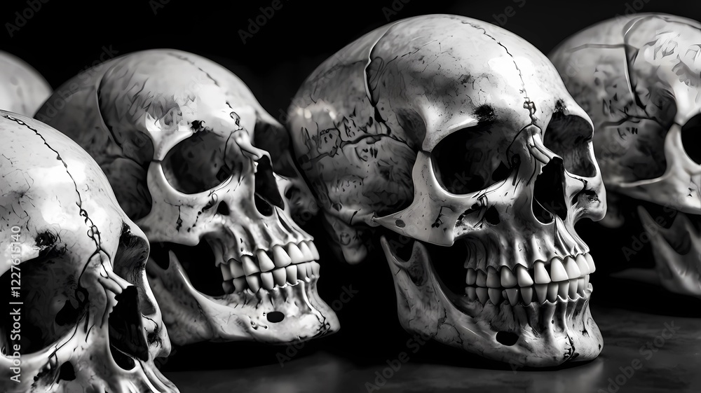 Naklejka premium A series of black and white skulls with minimalist details. as background