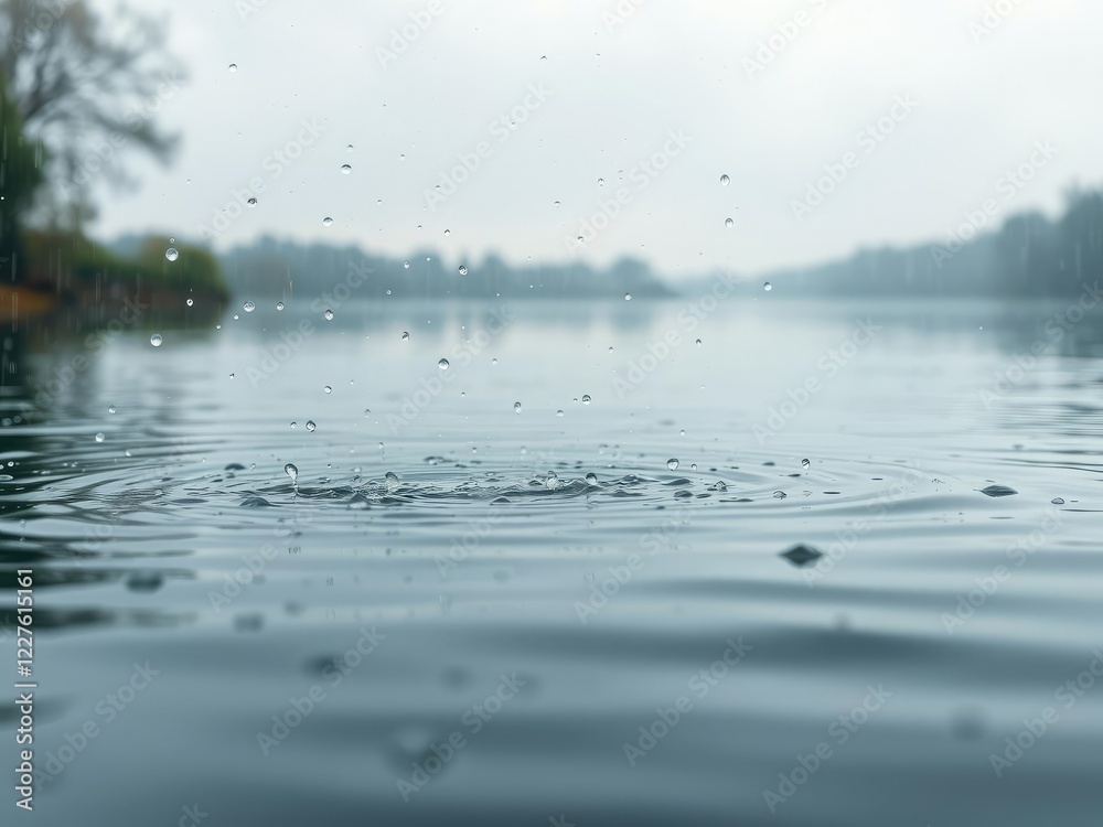 Gentle raindrops falling onto the lake's surface create a mesmerizing dance of water and light, nature lover, outdoor photography Gentle raindrops falling onto the lake's surface create a mesmerizing dance of water and light, nature lover, outdoor photography