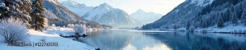 Wallpaper Mural Frosty morn on a still mountain river with snow-capped peaks in the distance, frost, mountains Torontodigital.ca