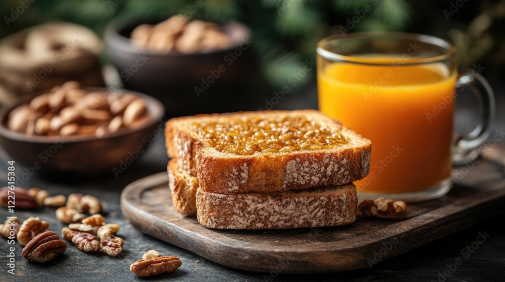 Fototapeta premium Healthy breakfast with crispy bread topped with jam, nuts, and a glass of juice on a wooden board with space for text above.