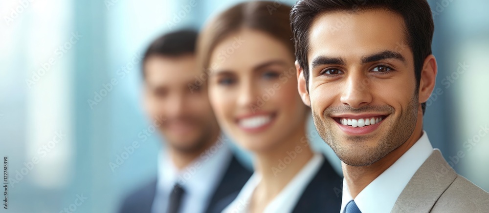 Obraz premium Cheerful business team collaborating in modern office with focus on smiling professionals and empty space for text overlay