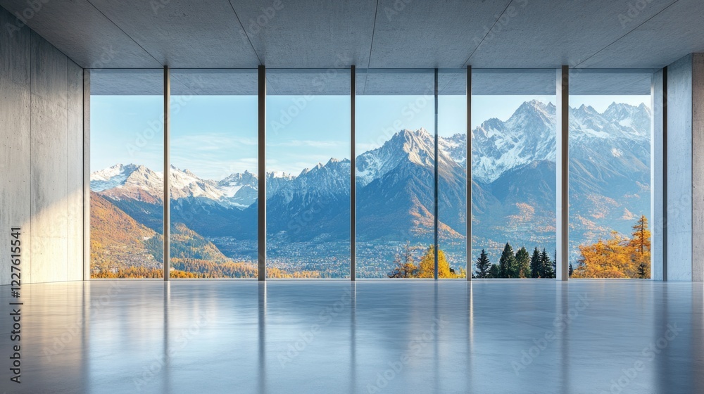 Fototapeta premium Modern concrete interior with expansive windows showcasing stunning mountain views in a minimalist design setting.