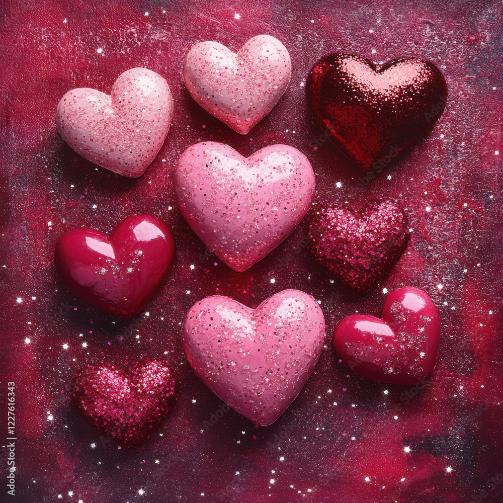 Obraz premium Colorful glittery hearts in various shades of pink and red arranged on textured background, creating festive and romantic atmosphere perfect for celebrations