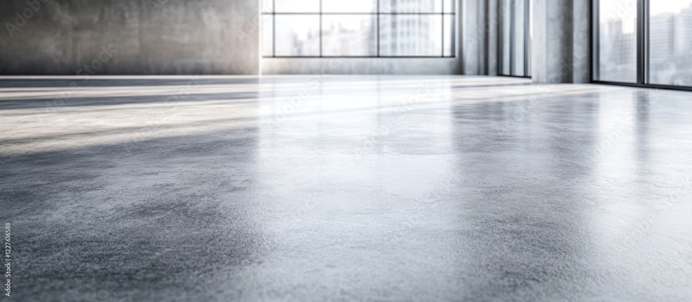 Bright Modern Room with Grey Cement Floor and Expansive Windows Creating an Empty Copy Space for Text or Branding Use Bright Modern Room with Grey Cement Floor and Expansive Windows Creating an Empty Copy Space for Text or Branding Use