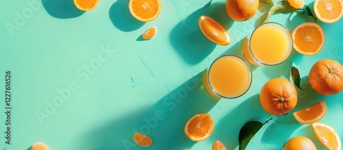 Refreshing orange juice in glass with whole oranges and slices on green backdrop featuring ample copy space for advertising text photo