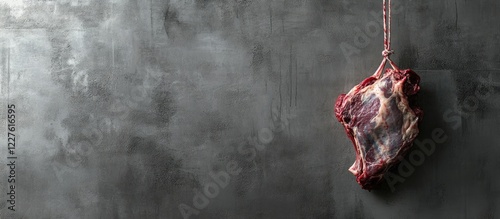 Butchered meat hanging on a hook with textured background and ample empty space for text and advertisements in a butcher shop setting photo