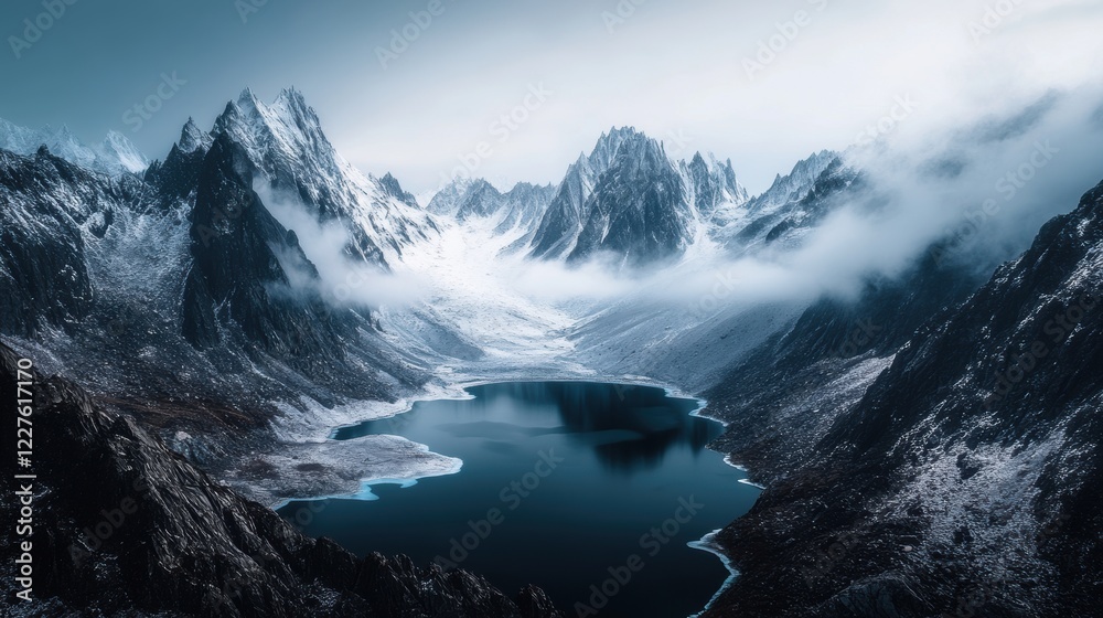 Fototapeta premium Beautiful majestic landscape with snow covered forest and lake