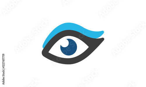 Eye Icon Design: A stylized eye icon in a flat design style with bold blue and black color scheme, suitable for branding, web, and app design. The icon is simple, modern and eye-catching.
