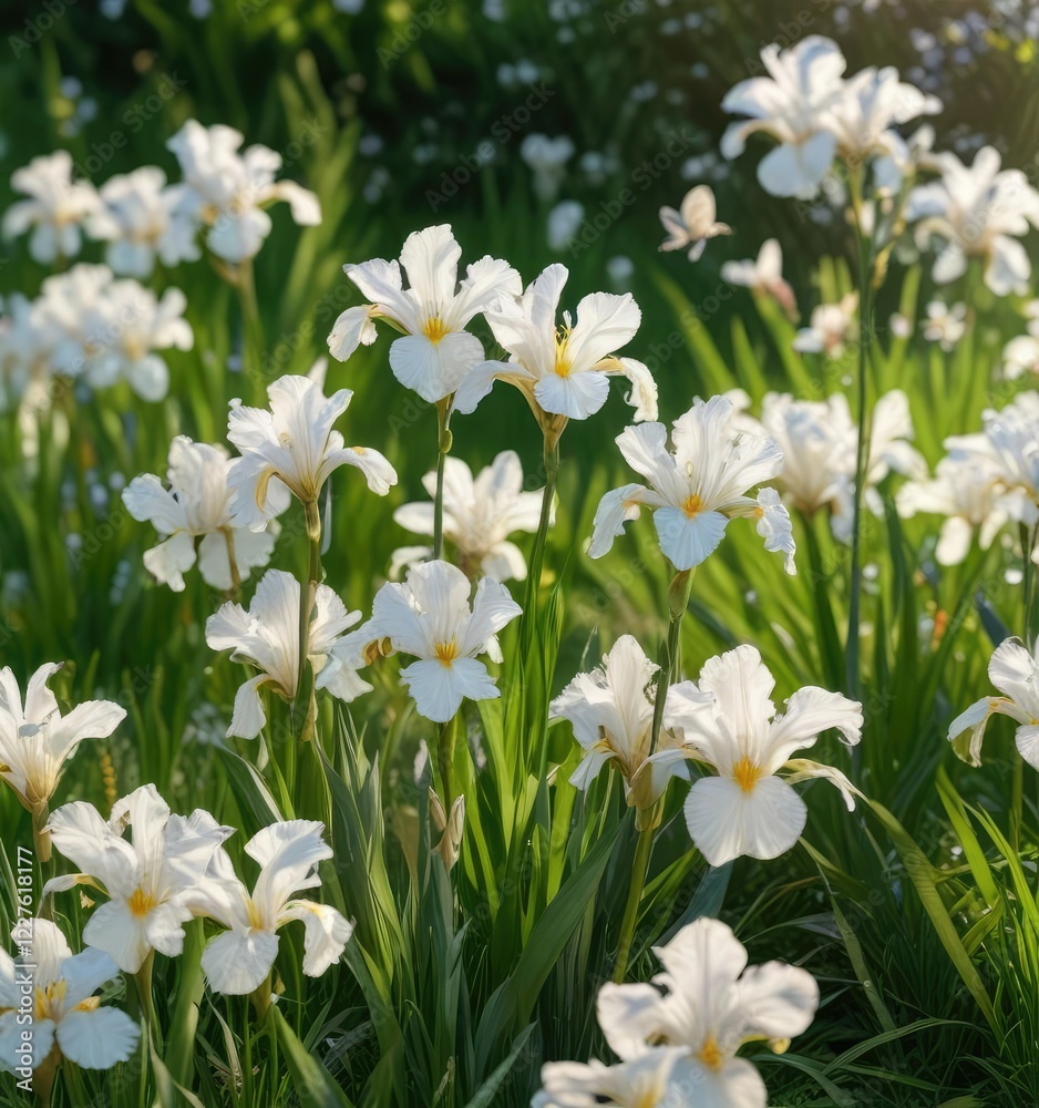 Group of white iris flowers blooming against a vibrant green grass field with a delicate summer butterfly perched on a petal, garden, natural, botany Group of white iris flowers blooming against a vibrant green grass field with a delicate summer butterfly perched on a petal, garden, natural, botany