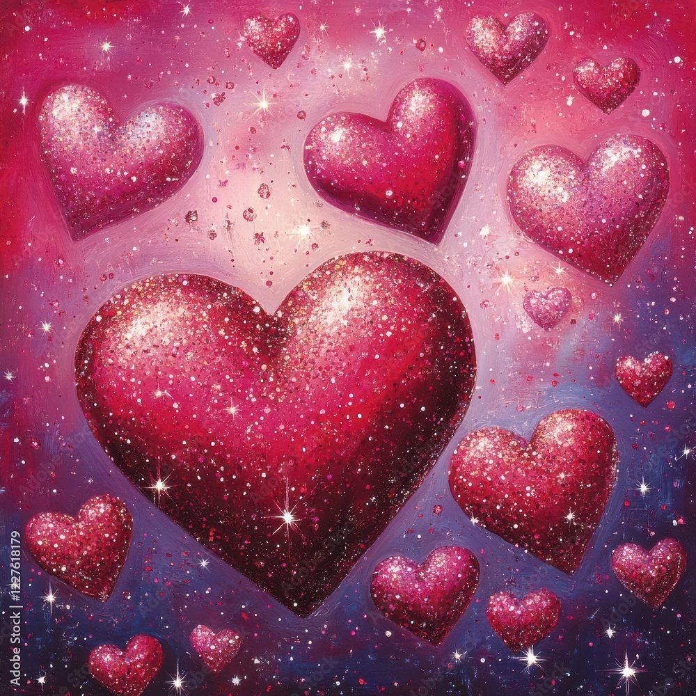 Obraz premium Glittering hearts in various sizes create vibrant and romantic atmosphere, perfect for expressing love and affection. sparkling design adds whimsical touch to any celebration