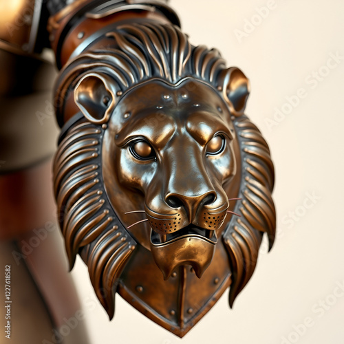 Medieval knightly brown plate gauntlet from Italian armor, in the form of a lion's face and mane, period of the 16th century, on a light background. photo