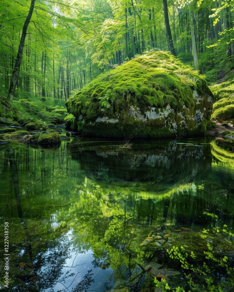 A massive moss-covered boulder sits at the edge of a still forest stream, reflecting the lush green canopy and creating a tranquil, mirror-like scene A massive moss-covered boulder sits at the edge of a still forest stream, reflecting the lush green canopy and creating a tranquil, mirror-like scene