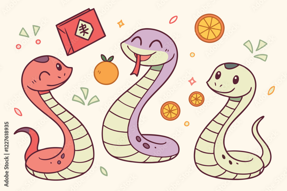 Fototapeta premium Cute cartoon snakes, Chinese zodiac animals, colorful serpents, smiling snake characters, festive snake illustrations, red envelope, gold ingot, mandarin oranges, firecrackers, lucky charms, Chinese N