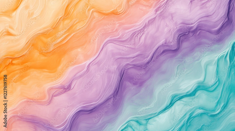 Fototapeta premium Pastel gradient background featuring smooth waves in orange, purple, and teal colors ideal for soft and vibrant designs.