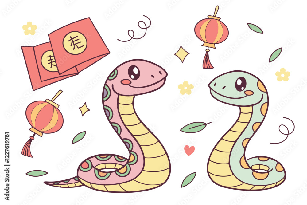 Obraz premium Cute cartoon snakes, Chinese zodiac animals, colorful serpents, smiling snake characters, festive snake illustrations, red envelope, gold ingot, mandarin oranges, firecrackers, lucky charms, Chinese N
