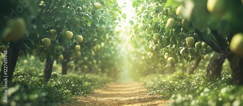 Greengage Tree Grove Organic Fruit Orchard Pathway with Lush Greenery and Sunlight Perfect for Farm Market Promotional Use photo