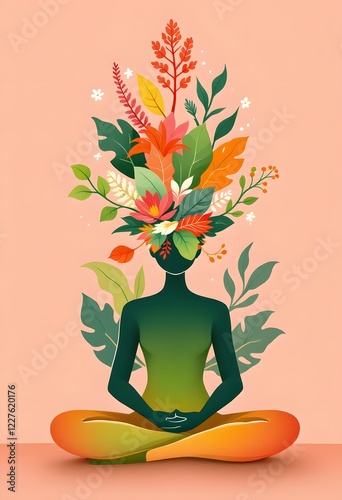 Woman Meditating with Floral Headpiece Nature Art Print photo