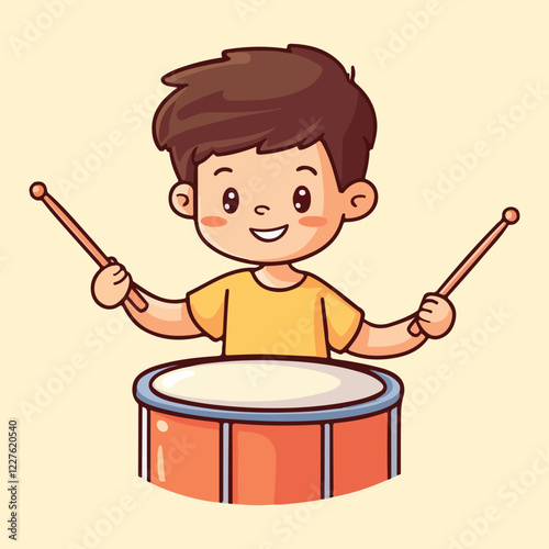 Cute Smiling Boy Playing Drums Cartoon Vector Illustration