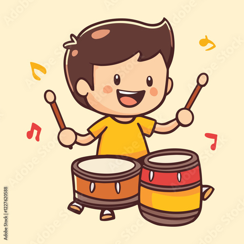 Cute Smiling Boy Playing Drums Cartoon Vector Illustration