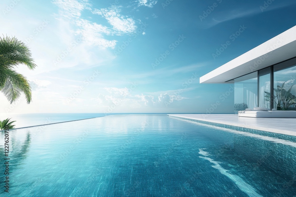 Fototapeta premium Stunning infinity pool with ocean view and modern architecture in bright daylight