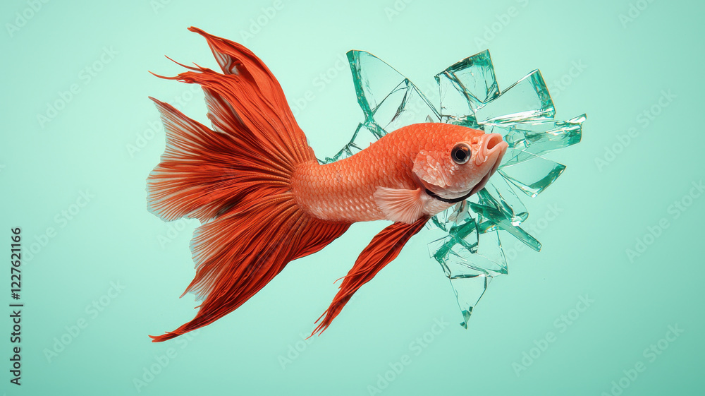 Fototapeta premium Vibrant betta fish swimming through shattered glass, showcasing dynamic movement and color