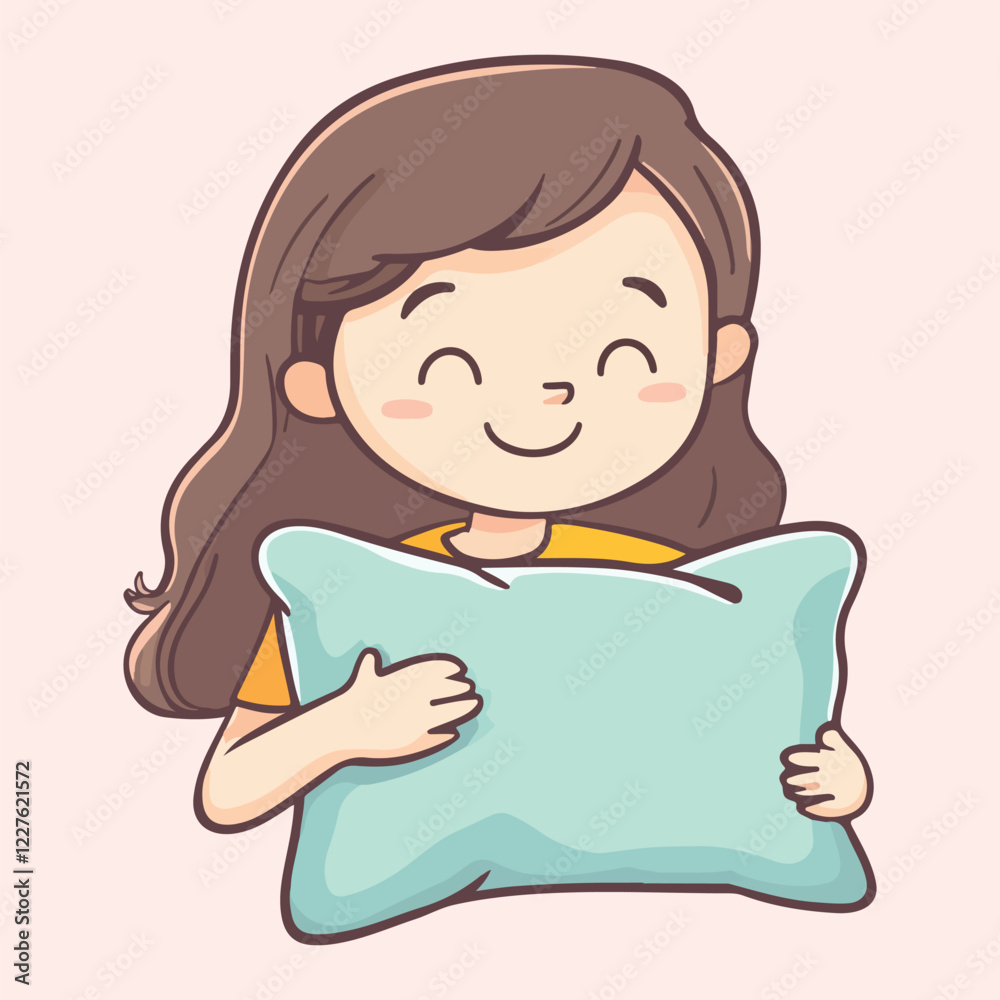 A cute girl holdind a pillow Cartoon Vector Illustration A cute girl holdind a pillow Cartoon Vector Illustration