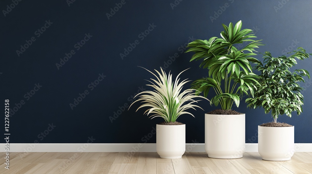 Fototapeta premium Three potted plants against a dark blue wall