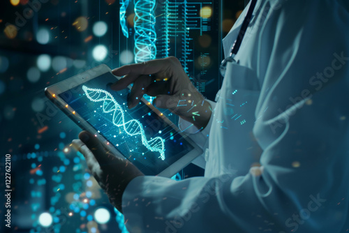 Scientist analyzing DNA helix on a futuristic tablet.