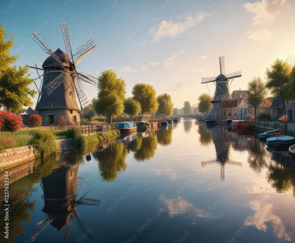 Obraz premium Panorama of a windmill situated near a canal with boats floating in the water, reflection, canal, canalside