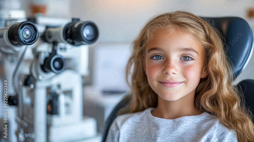 Young girl sitting in ophthalmologist chair during eye exam, smiling while medical equipment checks vision in professional healthcare setting