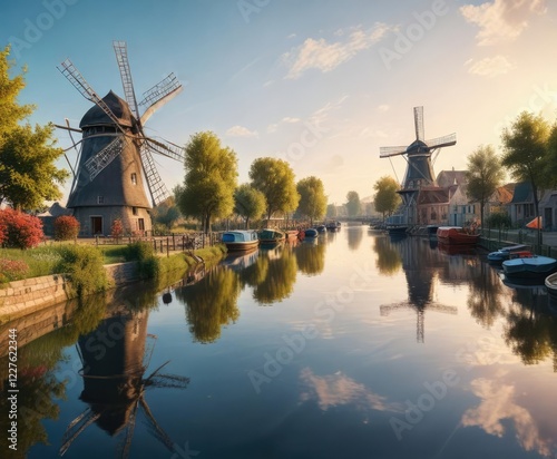 Panorama of a windmill situated near a canal with boats floating in the water, reflection, canal, canalside