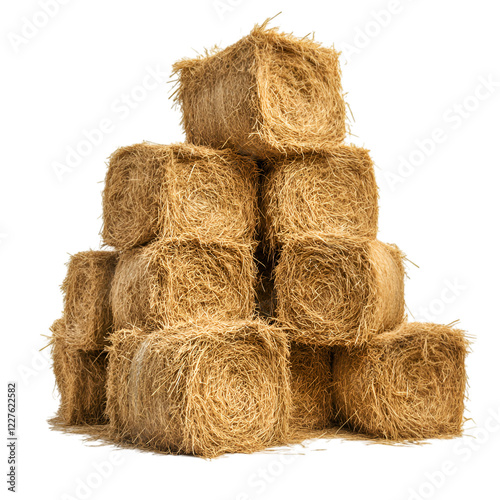 A pile of fresh hay bales stacked on white background